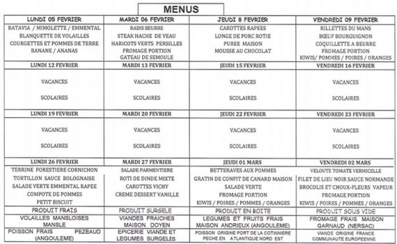 menus restaurant scolaire février 2018