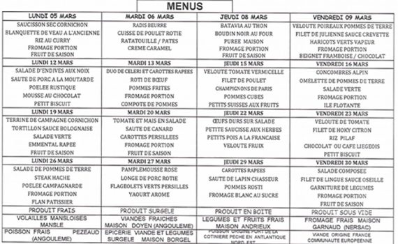 Menus scolaire mars 2018 Nersac
